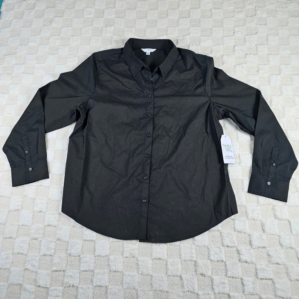 Time and Tru Womens XL 16-18 Black Core Button Down Long Sleeve Shirt NWT